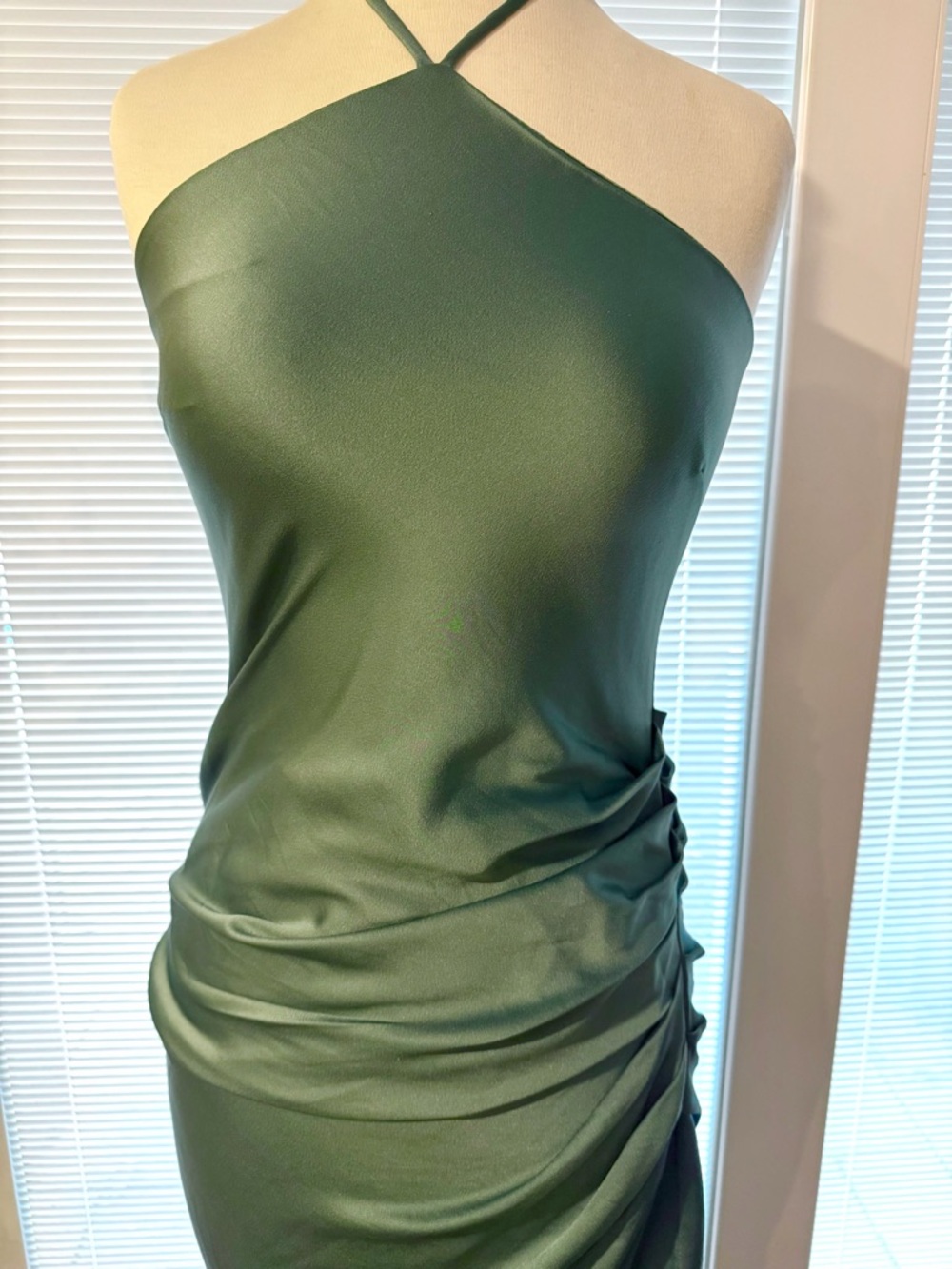 Simkhai Green Satin Halter Midi Dress Ruched Side Slit Cocktail Wedding Guest